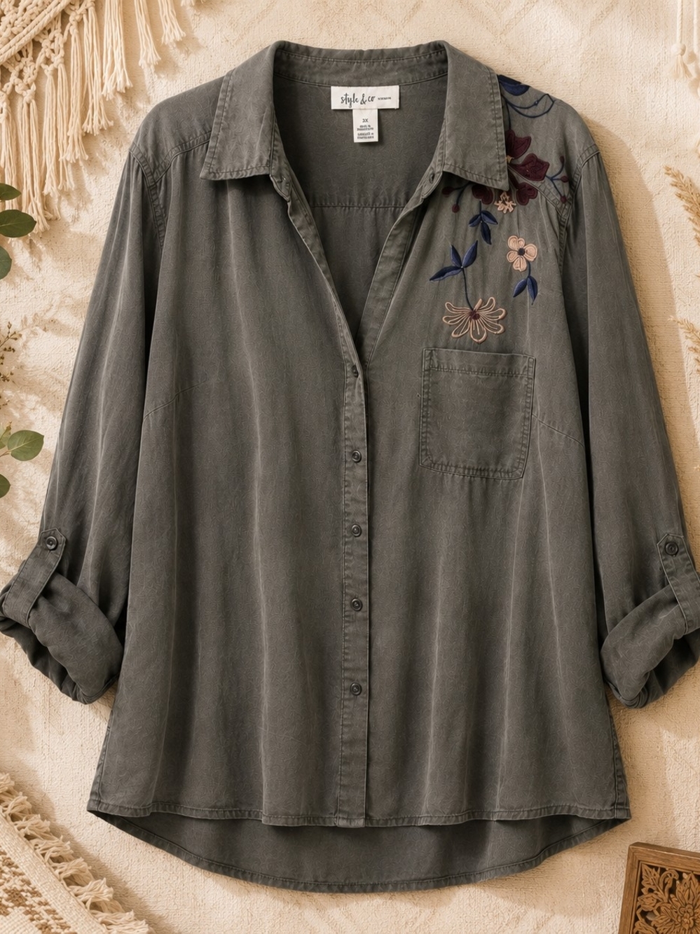 Style & Co 3X Olive Lyocell Embroidered Button Shirt Plus Size Boho